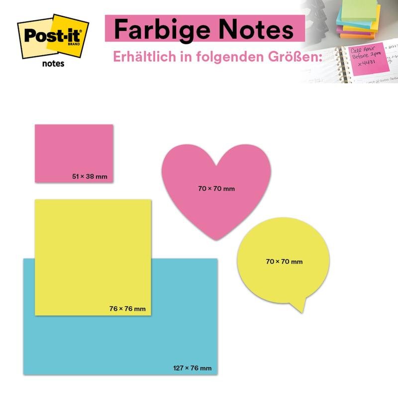 Obrázek ukazuje 3M Deutschland GmbH Post-it® Notes, 76 x 127 mm, v různých tvarech a barvách s popsanými rozměry a "Barevné poznámky" na vrchu. Každé balení obsahuje 6 bloků po 100 listech, vyrobených ze 100% PEFC-certifikovaného papíru.