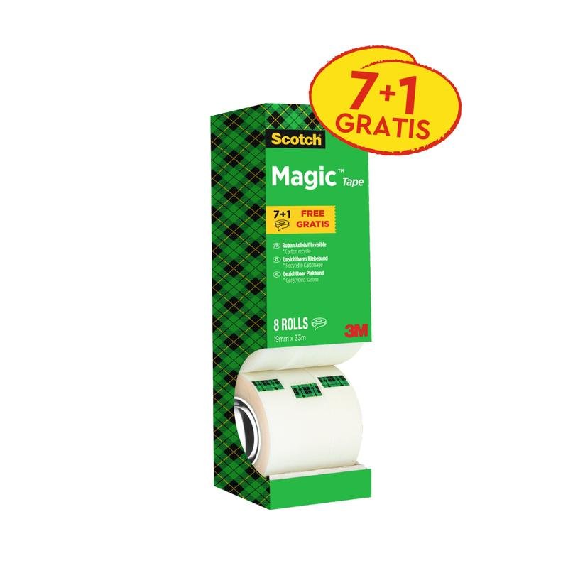 Balíček neviditelné lepicí pásky Scotch® Magic™ (8 rolí, 19 mm x 33 m) od 3M Deutschland GmbH přichází v zeleno-černém kostkovaném vzoru se žlutým štítkem "7+1 GRATIS" vpravo nahoře a viditelným logem značky a 3M.