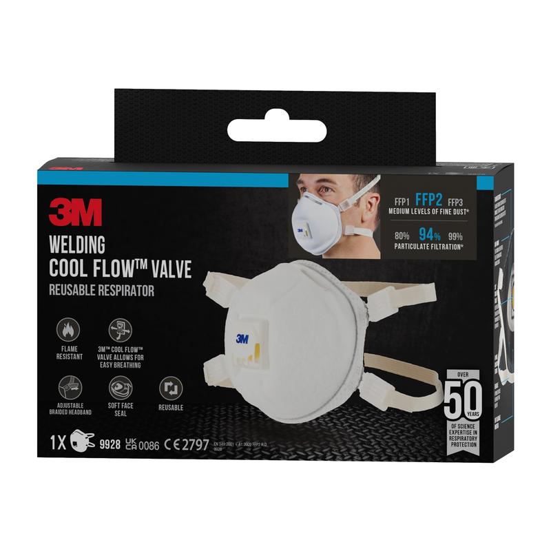 Krabice 3M™ Cool Flow™ částicové masky 9928 pro svařování (1 kus), od 3M Deutschland GmbH, s ventilem, vyobrazená v převážně černém balení s bílým a modrým textem; s bezpečnostními certifikáty a obrázkem uživatele, který nosí masku.