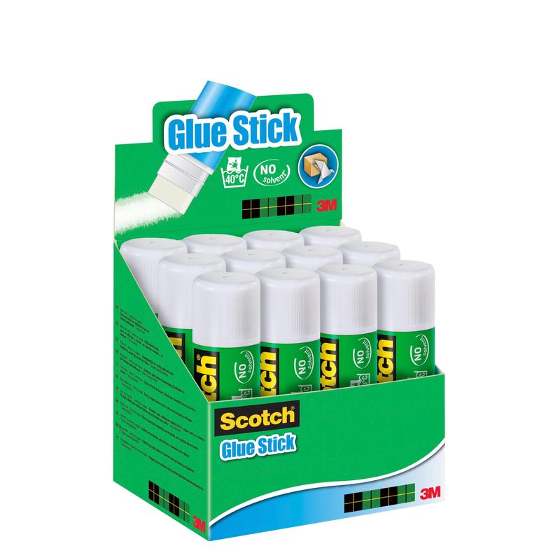 Kartonový displej od 3M Deutschland obsahuje 12 Scotch® Permanentní lepicí tyčinky 40 g s bílým víčkem a zelenou etiketou. Na modré kartonové etiketě je napsáno "Lepicí tyčinka" a v pravém dolním rohu je zobrazeno logo 3M.