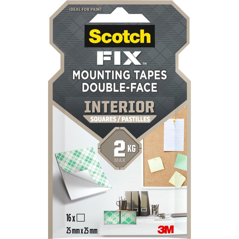 Jedno balení Scotch-FIX™ Oboustranné vnitřní montážní čtverce 4496-ST16-P od 3M Deutschland GmbH obsahuje 16 oboustranných čtverců (25 mm x 25 mm) pro vnitřní montáž, z nichž každý unese až 2 kg. Logo 3M je zobrazeno vpravo dole.