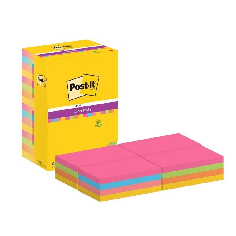 Krabice žlutých Post-it® Super Sticky Notes od 3M Deutschland GmbH s 16 bloky (76 x 127 mm, 90 listů/blok) v růžové, zelené, oranžové a modré barvě, silná lepicí plocha, PEFC-certifikováno.