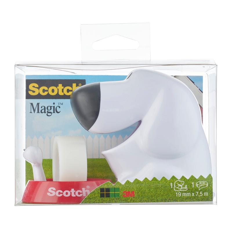 Stolní dávkovač Scotch™ ve tvaru psa C31 s neviditelnou lepicí páskou Scotch® Magic™ (19 mm x 8,89 m, 1 role/balení) od 3M Deutschland GmbH je ideální pro kancelářské potřeby a přichází v krabici s logem značky a informacemi o produktu.