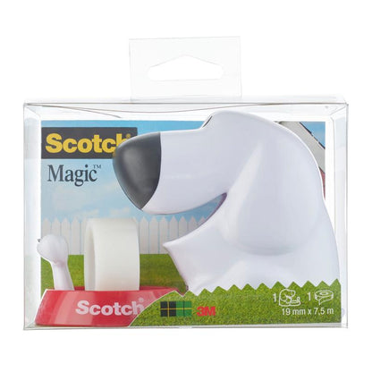 Stolní dávkovač Scotch™ ve tvaru psa C31 s neviditelnou lepicí páskou Scotch® Magic™ (19 mm x 8,89 m, 1 role/balení) od 3M Deutschland GmbH je ideální pro kancelářské potřeby a přichází v krabici s logem značky a informacemi o produktu.