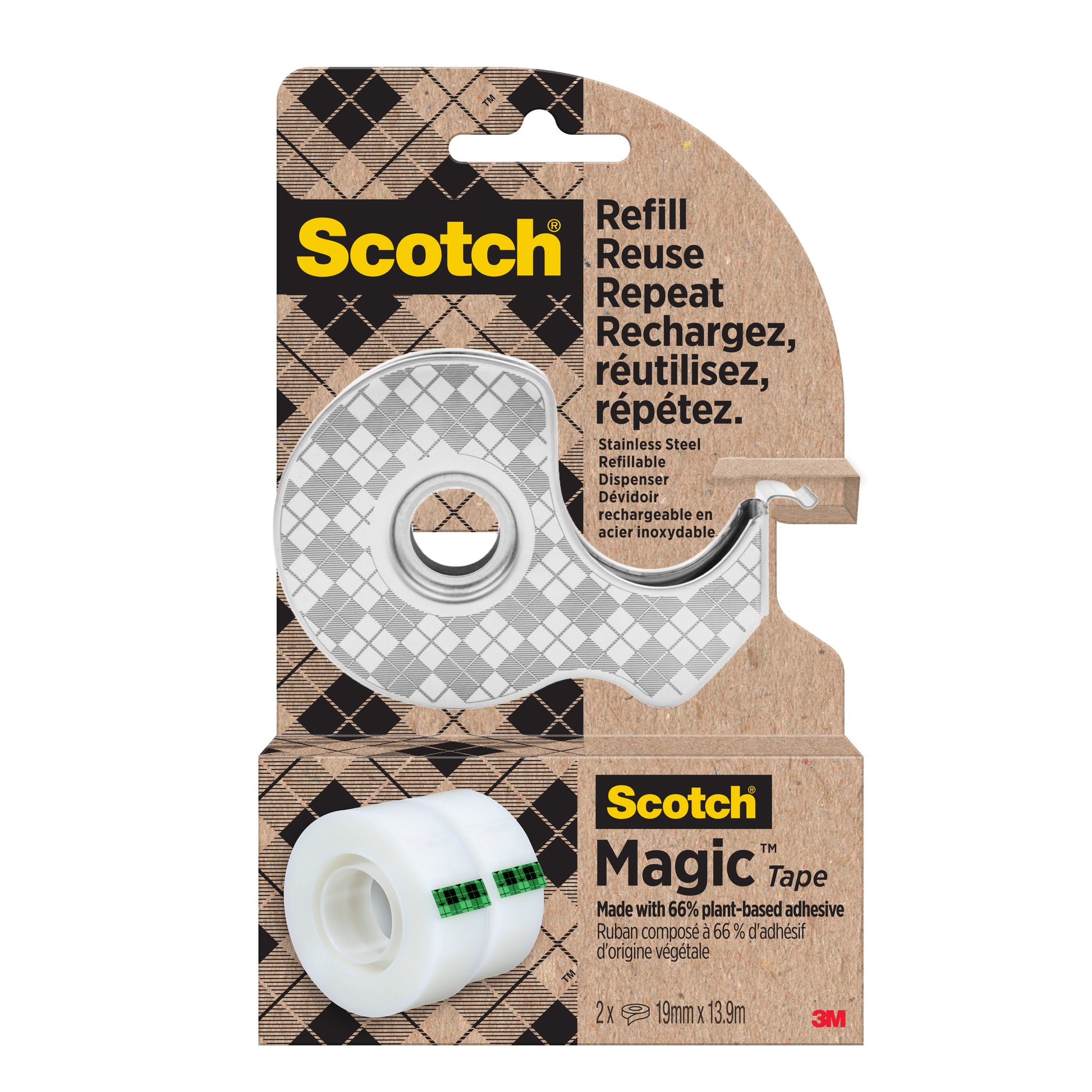Der Scotch™ Edelstahl-Klebebandabroller in Silber von 3M enthält einen Handabroller und zwei Rollen Scotch® Magic™ Klebeband (19 mm x 13,9 m) mit 66% pflanzenbasiertem Klebstoff. Zum Nachfüllen und mehrfachen Gebrauch.