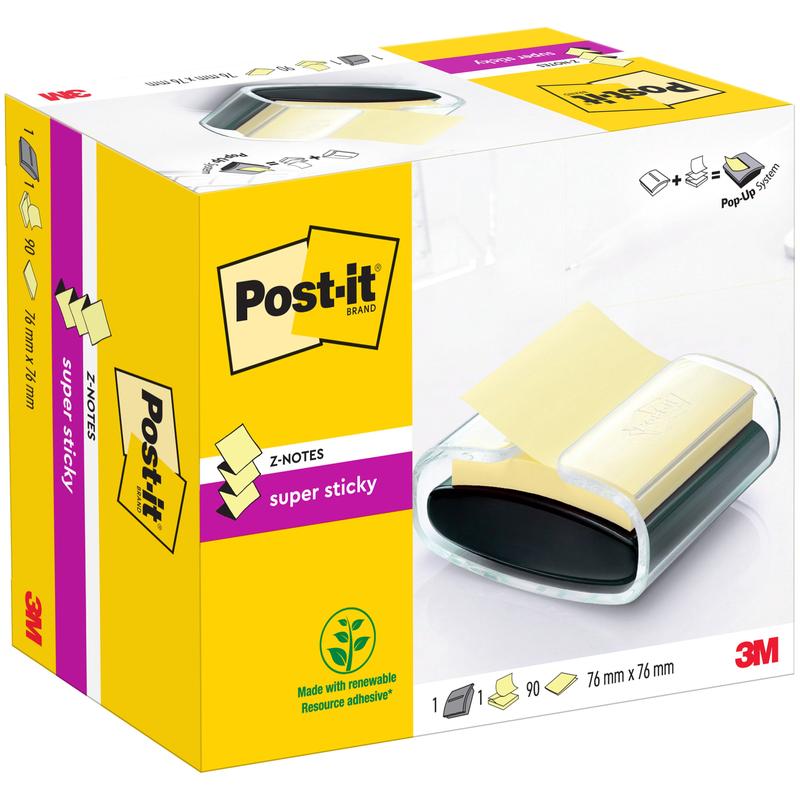 Černý dávkovač Post-it® Z-Notes (PRO) s 90 žlutými Super Sticky Z-Notes (76 mm x 76 mm) od 3M Deutschland GmbH.