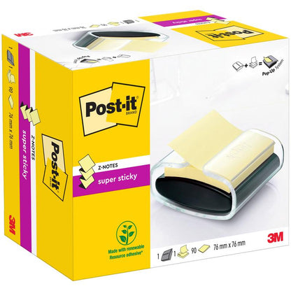 Černý dávkovač Post-it® Z-Notes (PRO) s 90 žlutými Super Sticky Z-Notes (76 mm x 76 mm) od 3M Deutschland GmbH.