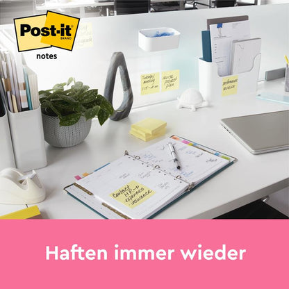 Uspořádaný kancelářský stůl s plánovačem, složkami, laptopem, rostlinou a několika žlutými Post-it® Notes od 3M Deutschland GmbH (76x76mm), které jsou připevněny k děliči. Vlevo nahoře je vidět logo Post-it, dole je napsáno "Opakovaně se přilepí".