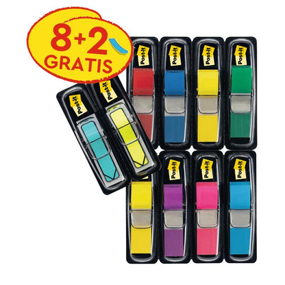 Sada 3M Deutschland GmbH Post-it® Index lepicích proužků Mini (11,9 x 43,2 mm) obsahuje tříděné barvy a modro/žluté indexové šipky, s promo akcí "8+2 ZDARMA" pro snadné označení dokumentů - celkem: 8 dávkovačů + 4 zdarma na balení.