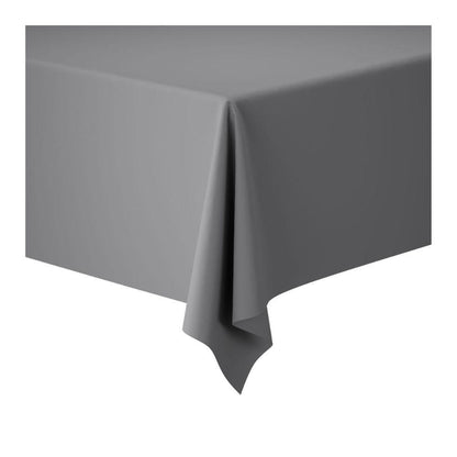 Eine Dunicel-Tischdeckenrolle 1,18 m x 10 m der Duni GmbH in unifarbenem Grau deckt die Tischecke ab, Stoffbehang auf zwei Seiten – ideal für Hochzeiten, Bankette und Firmenveranstaltungen.
