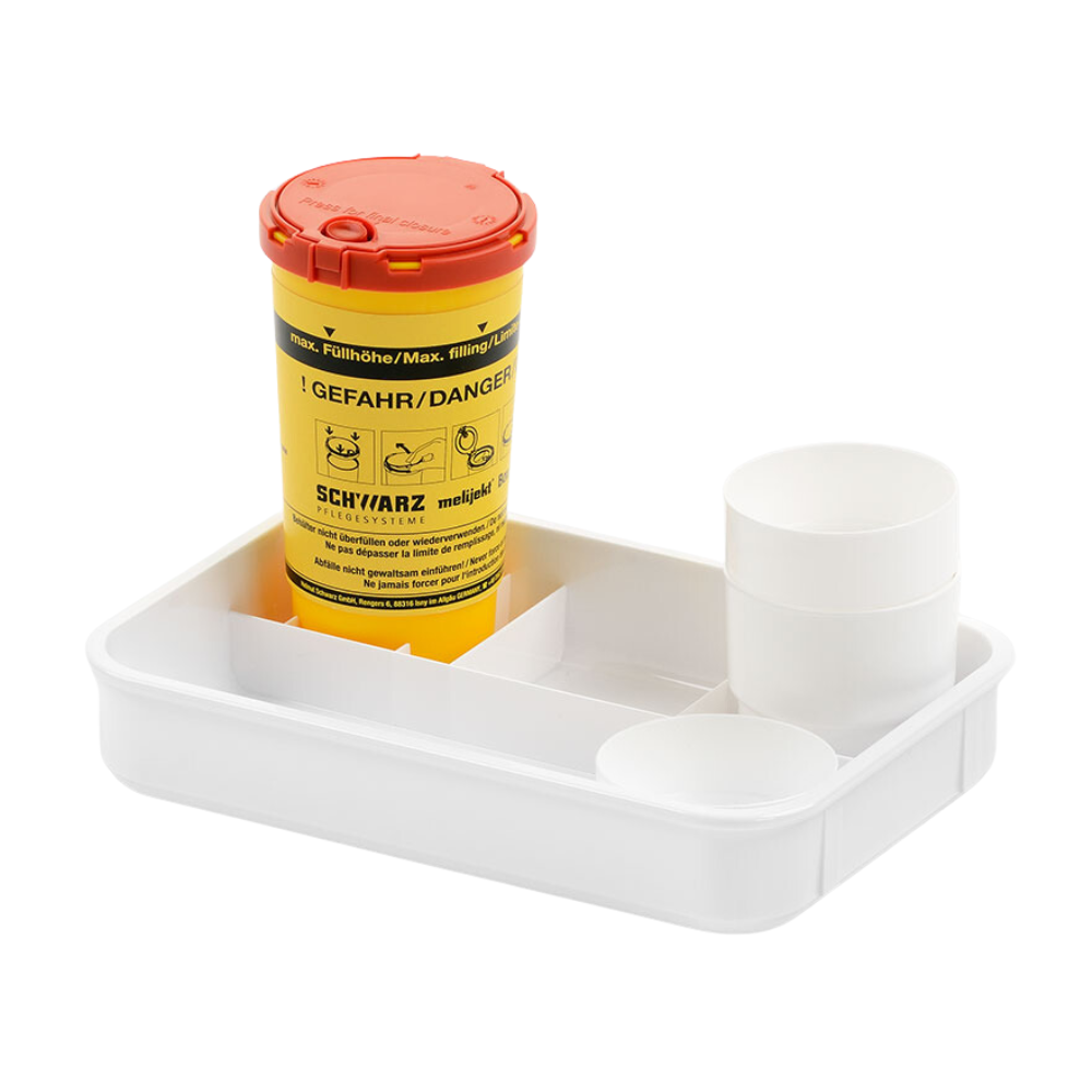 Tableta melijekt pro měření hladiny cukru v krvi E od společnosti Helmut Schwarz GmbH je kompaktní bílý úložný obal s žluto-červeným válcovým držákem s nápisy „Danger“ a „Schwarz“. K tomu přicházejí dva bílé kontejnery různé výšky, které jsou všechny efektivně umístěny v oddělených přihrádkách. Perfektní pro pečovatelské zařízení nebo osobní použití.