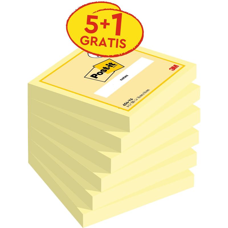 Poznámkové bloky Post-it®, žluté, 76 mm x 76 mm, propagace, 100 listů/blok, 5 bloků + 1 ​​zdarma/balení, 100% PEFC, SGSCH-PEFC-COC-110078 | Balení (6 kusů)