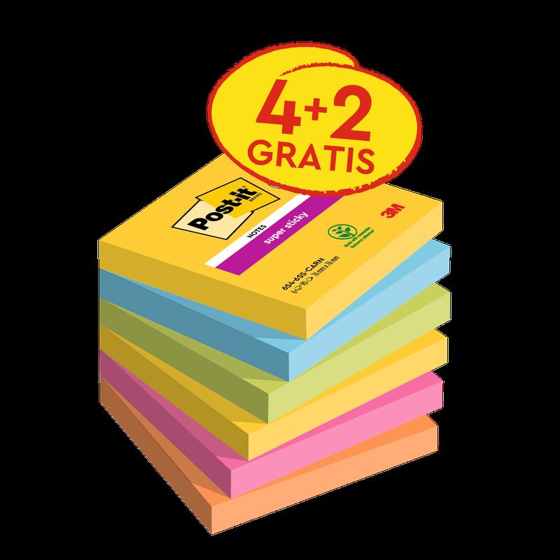 Post-it® Super Sticky Notes, Carnival Collection, 76 mm x 76 mm, Promotion, 90 listů/blok, 4 bloky + 2 zdarma/balení, 100% PEFC, SGSCH-PEFC-COC-110078 | Balení (6 kusů)