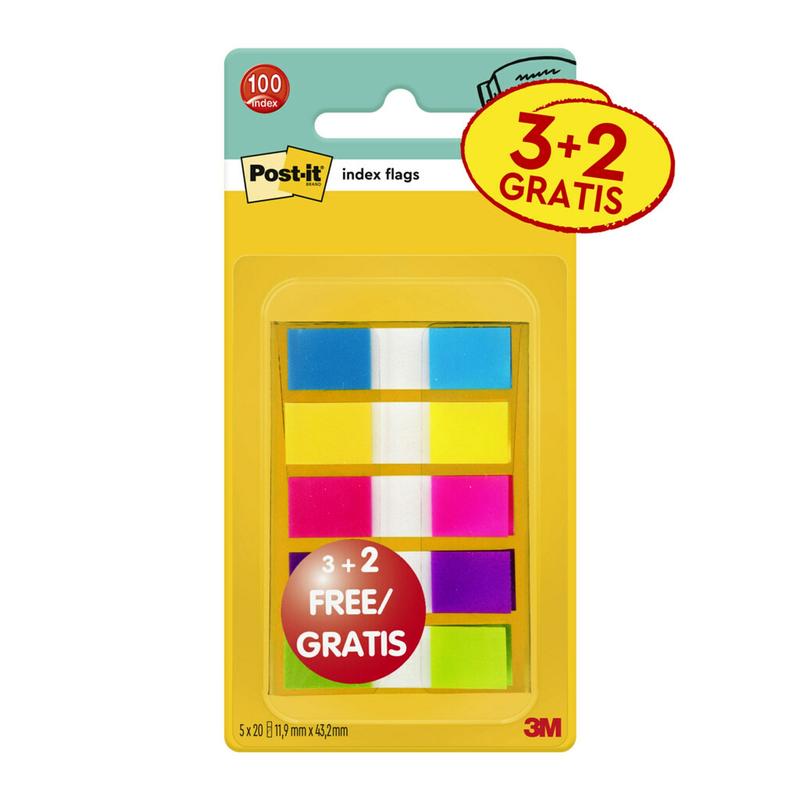 Post-it® Index lepicí proužky, mini, různé barvy, 11,9 mm x 43,2 mm, propagace, 60 lepicích proužků + 40 zdarma/zásobník, 1 zásobník/balení | Balení (5 kusů)