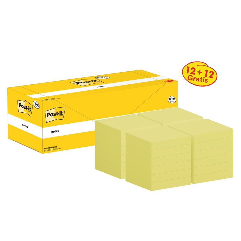 Poznámkové bloky Post-it®, žluté, 76 mm x 76 mm, propagace, 100 listů/bloček, 12 bloků + 12 zdarma/balení, kartonový obal, 100% PEFC, SGSCH-PEFC-COC-110078 | Balení (24 kusů)