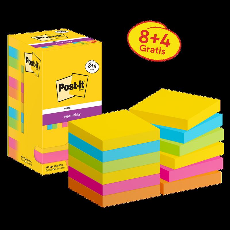 Post-it® Super Sticky Notes, Carnival Collection, 76mm x 76mm, Promotion, 90 Sheets/Pad, 8 Pads + 4 Free/Pack, Kartonové balení, 100% PEFC, SGSCH-PEFC-COC-110078 | Balení (12 kusů)