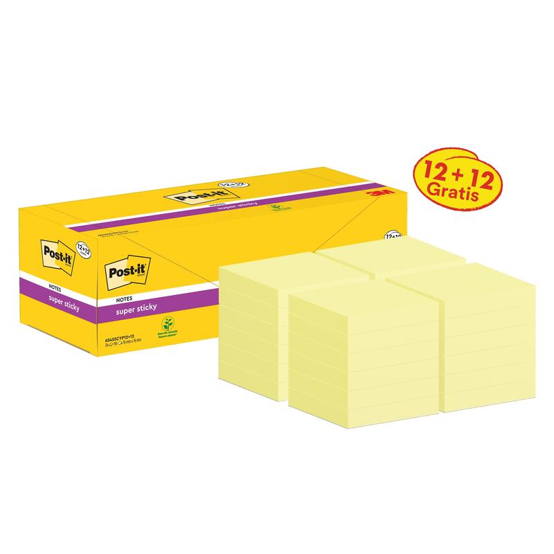 Post-it® Super Sticky Notes, Yellow, 76 mm x 76 mm, Promotion, 90 Sheets/Pad, 12 Pads + 12 Free/Pack, Kartonové balení, 100% PEFC, SGSCH-PEFC-COC-110078 | Balení (24 kusů)