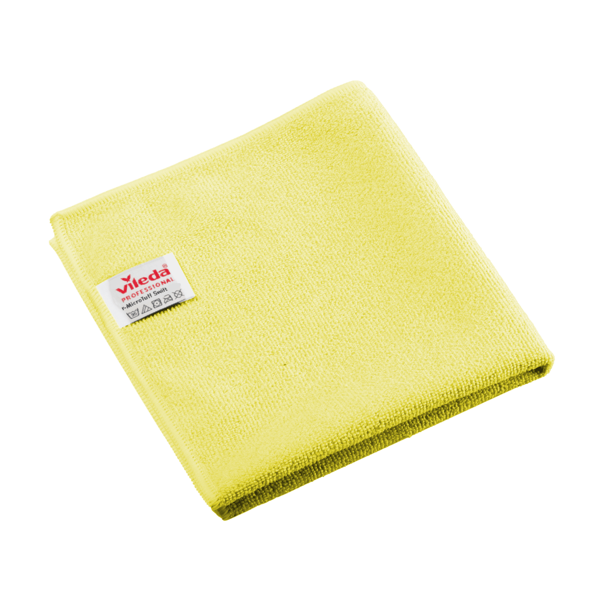Složená žlutá utěrka z mikrovlákna Vileda Professional r-MicroTuff Swift s našitým bílým štítkem.
