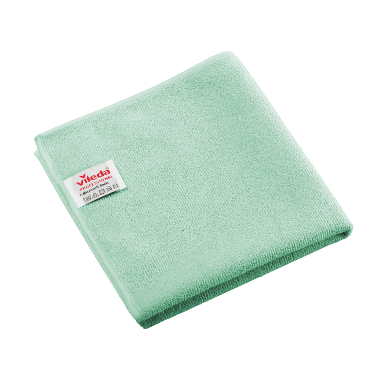 Skládaná zelená utěrka z mikrovlákna Vileda Professional r-MicroTuff Swift s všitou bílou etiketou.
