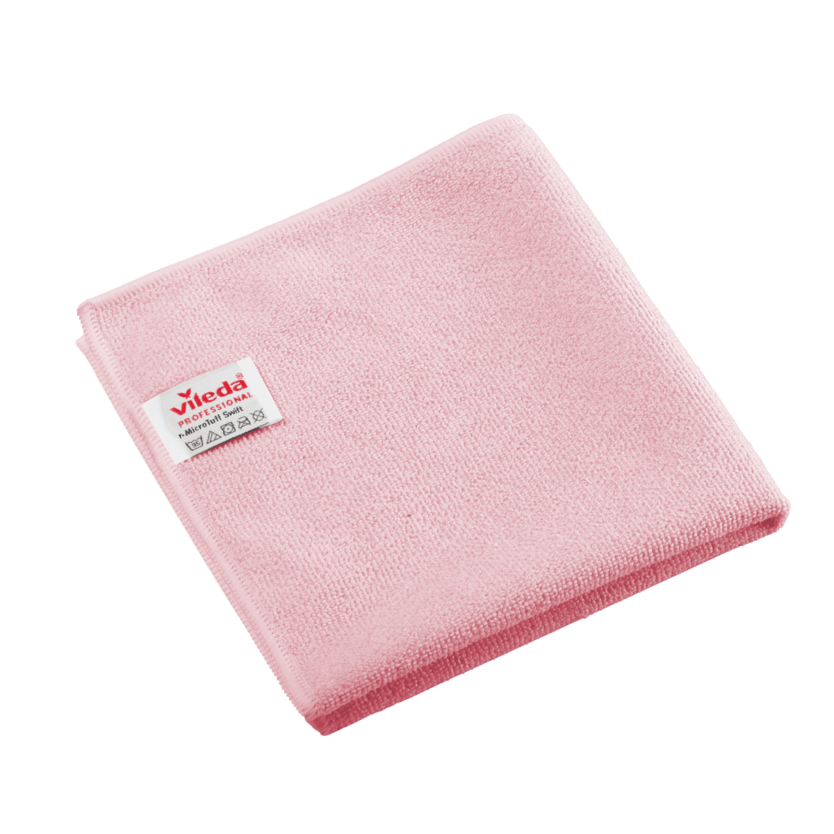 Složená červená utěrka z mikrovlákna Vileda Professional r-MicroTuff Swift s všitou bílou etiketou.