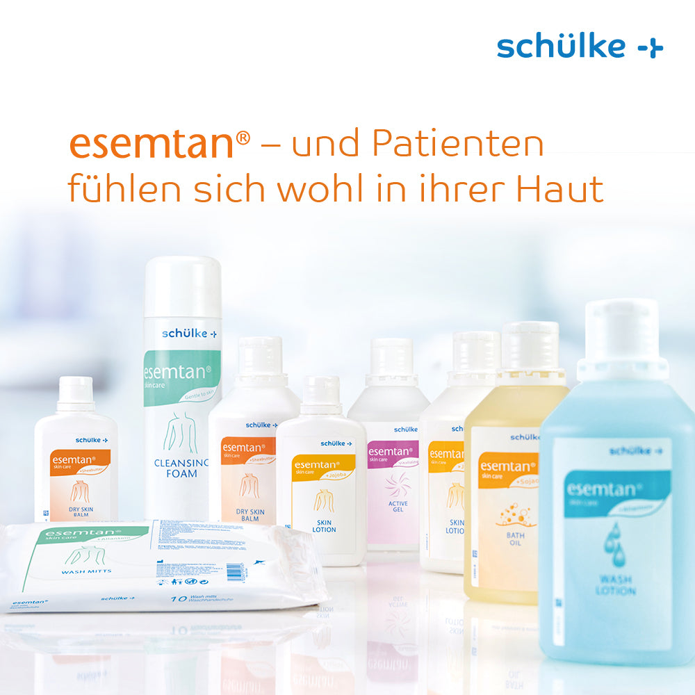 Výběhový produkt: Schülke esemtan® péče o pleť mycí emulze 1 litr hyclick (láhev, 1 l) od Schülke & Mayr GmbH je vyobrazena na světlém pozadí s logem Schülke a německým textem nad ní.