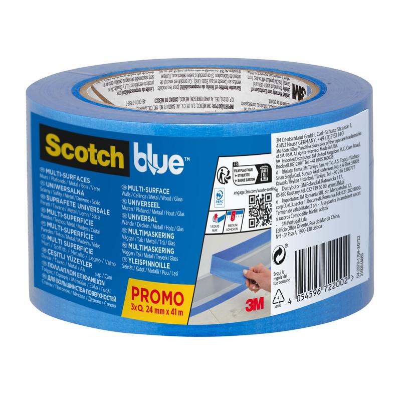 ScotchBlue™ vícevrstvá malířská maskovací páska, 24 mm x 41 m, 3 role/balení, 100% PEFC, SGSCH-PEFC-COC-110078 | Balení (3 role)