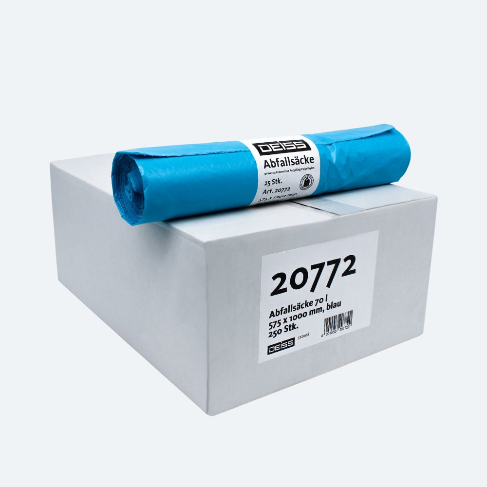 Auf einem weißen Karton mit der Aufschrift „20772“ liegt eine Rolle blauer Müllsäcke, die für ihre Reißfestigkeit bekannt sind. Der Karton enthält 25 Müllsäcke aus der DEISS LDPE Müllsack Typ 60-Kollektion mit den Maßen 575 x 1100 mm. Auf dem Etikett ist der Markenname „EMIL DEISS KG (GmbH + Co.)“ zu sehen.