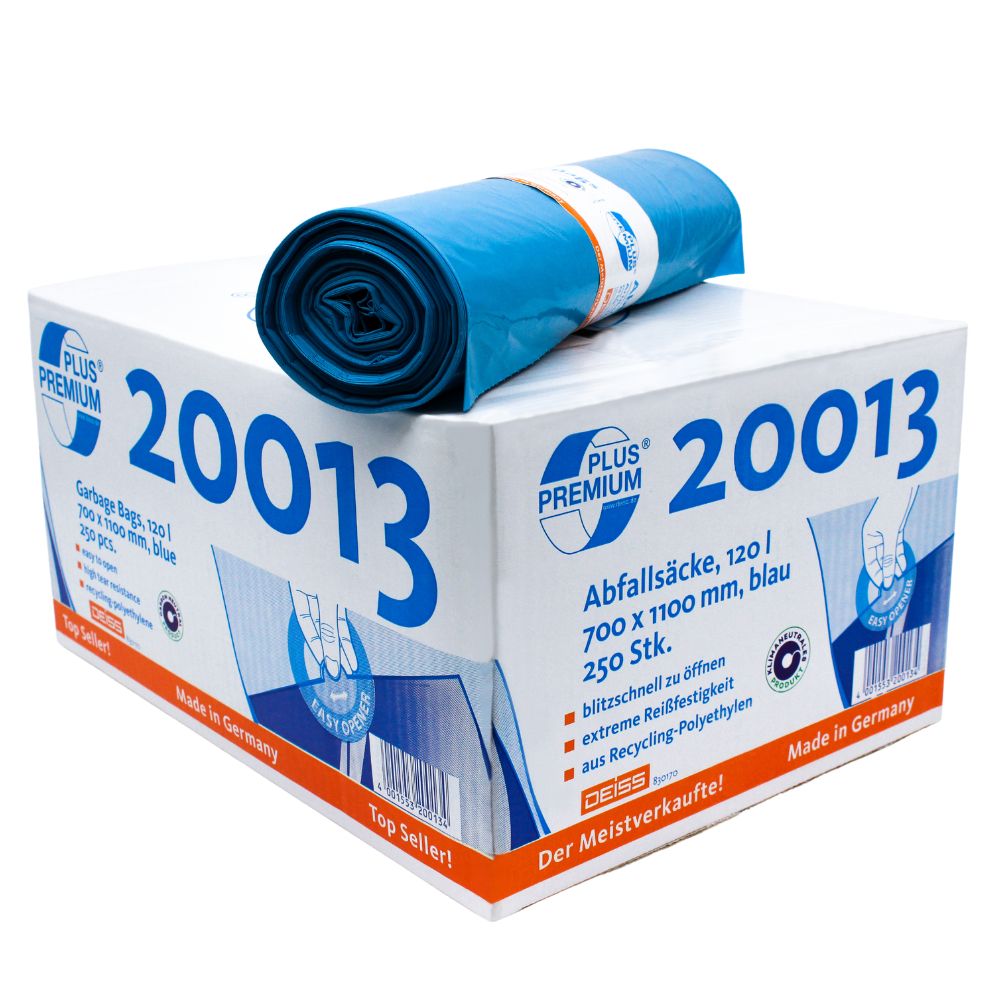 V bílém kartonu s nápisem „20013“ se nacházejí modré DEISS Premium Plus® Typ 60 odpadkové pytle od společnosti EMIL DEISS KG (GmbH + Co.). Jeden pytel je rozbalený a položený nahoře. Německý text popisuje klimaticky neutrální odpadkové pytle s objemem 120 litrů, rozměry 700 x 1100 mm a kapacitou 250 pytlů. Na kartonu je také uvedeno, že produkt je „Made in Germany“.