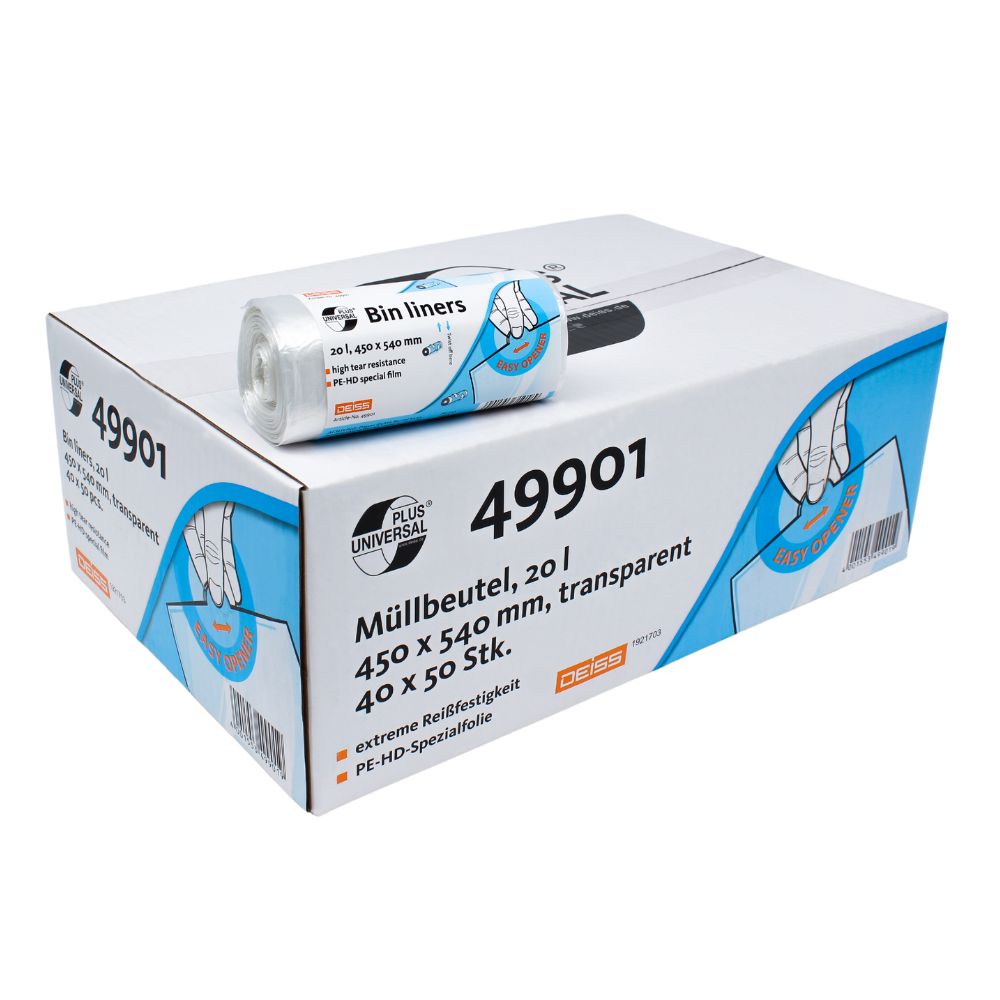 V krabici s nápisem „DEISS Universal Plus® odpadkové pytle 20 litrů, 49901“ je role průhledných odpadkových pytlů. Tyto odolné 20litrové pytle mají rozměry 450 x 540 mm a jsou vyrobeny ze speciální HDPE fólie. Obal zdůrazňuje funkce DEISS Universal Plus v několika jazycích a byl vyroben společností EMIL DEISS KG (GmbH + Co.).