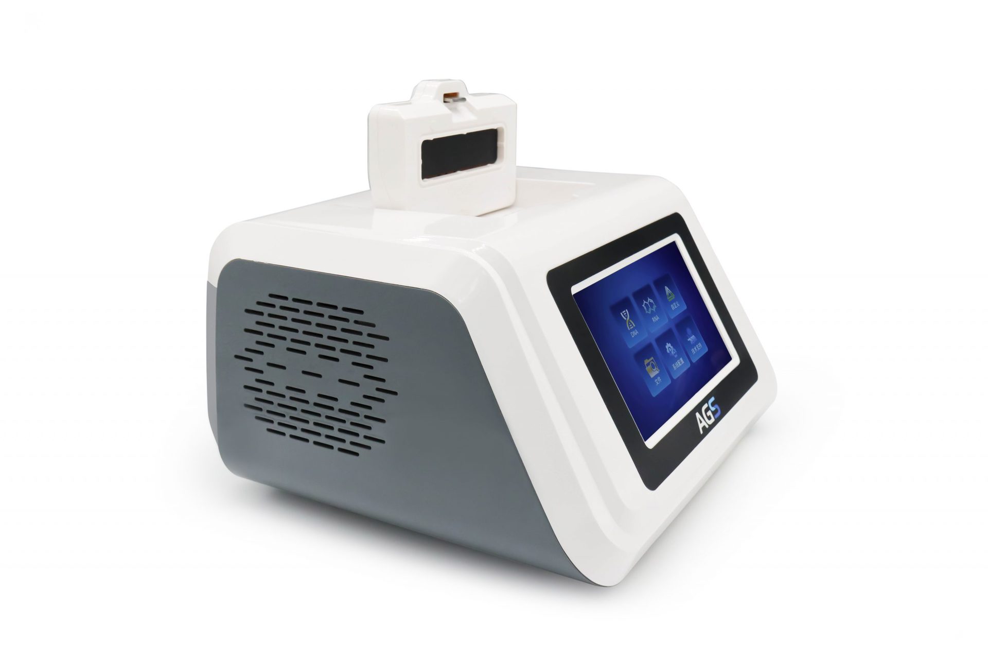 Ein modernes tragbares Altruan PCR Pure Kit – Gerät mit kompletter Ausstattung mit digitaler Touchscreen-Schnittstelle und angeschlossenem Sensor, konzipiert für diagnostische Zwecke, isoliert auf weißem Hintergrund.